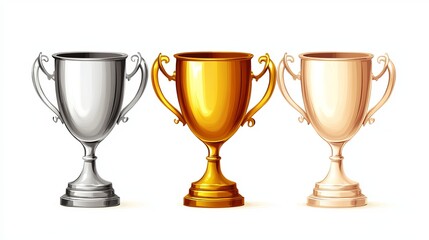 Collection of champion cups including golden silver and bronze bowls in a 3D vector realistic cartoon design This set of sport tournament awards highlights a champion trophy collection