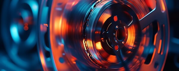 Close-up of a spinning reel with warm light reflecting on the metal surface.