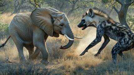 Wall Mural - Elephant and Hyena Facing Off in a Tense Standoff