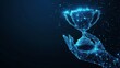 © Elchin Abilov - Futuristic concept of achievement in business or sports illustrated with a hand holding a trophy cup on a dark blue background The design features a glowing low polygonal style with