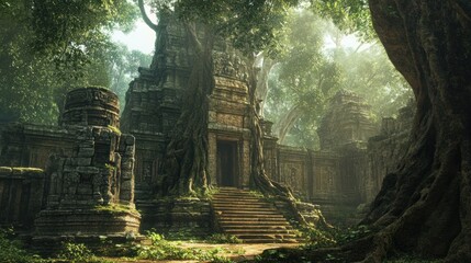 Ancient Stone Temple Overgrown with Jungle Vines