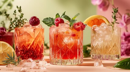   A table adorned with 3 glasses holding varying beverages, accompanied by lemons and raspberries atop ice