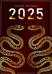 Red luxury poster with two coiled gold reptiles in Asian style for 2025 Chinese New Year of the Snake. Greeting card with hand drawn linear snakes as Oriental horoscope sign. Christmas holidays