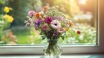 Poster -   A vase brimming with blooms perches atop a window sill alongside another sill