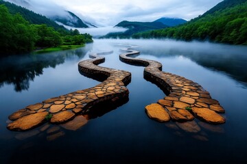 A mystical river, with fog rising from the water and ancient stone bridges crossing it, disappearing into the misty distance