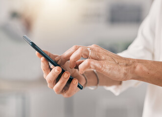 Canvas Print - Business person, cellphone and hands for internet, scroll and reading email in startup. Smartphone, designer and closeup of creative professional on app, website or communication on social media