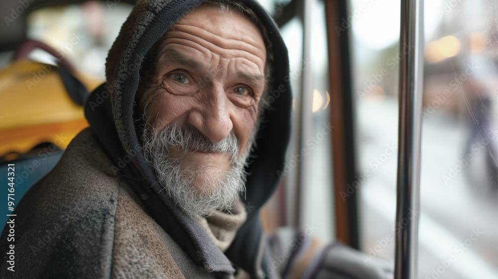Elderly homeless man with grey beard and hooded jacket smiling while ...