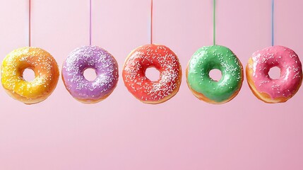 Poster -   A row of doughnuts dangling on strings, sprinkled and set against a light pink backdrop