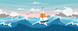 © MVshop - Vector illustration of a storm at sea. Cartoon scene of a beautiful landscape with a boat with a white and orange sail among big sea waves, rocks on the horizon, seagulls, sky with white clouds.
