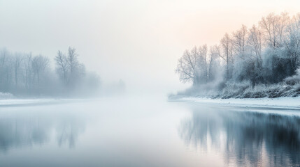 Wall Mural - Foggy winter morning by a calm river with snow-covered trees and soft pastel hues reflecting in the water