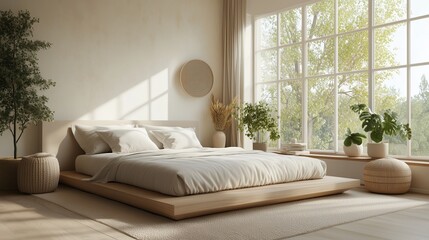 Poster - Bright and airy bedroom showcasing a minimalist design with large windows and natural greenery in a serene environment