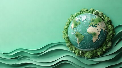 Wall Mural -   An image of Earth centered within a water wave on a verdant backdrop, surrounded by more water waves