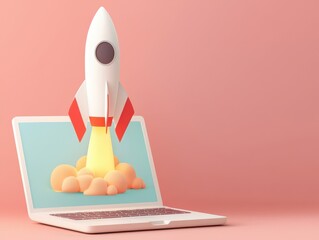 a creative rocket launching from a laptop, symbolizing innovation and technology in digital environm
