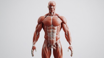 Poster - A 3D rendering of the human muscular system, featuring major muscle groups and their connections, set against a clean white backdrop for clarity.