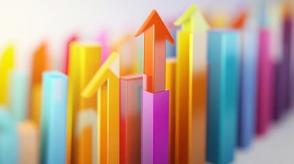 Leinwandbilder - A 3D-rendered bar graph representing financial growth, with vibrant colors and arrows pointing upwards on a white background, symbolizing economic progress.