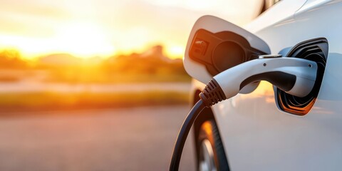 electric car charging at sunset, showcasing sustainability and modern technology in transportation.