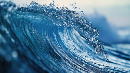 Sticker -   A close-up shot of an ocean wave with water droplets, against a cityscape backdrop