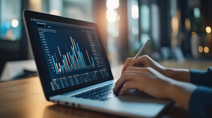 Wall Mural - A business professional analyzing financial data on a laptop screen, with bar and line graphs showing market trends. The modern office setting suggests a focus on financial strategy