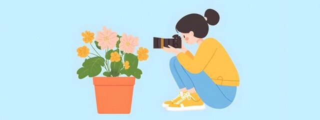 A person taking photos of flowers, a simple flat illustration style with vector graphics and solid colors