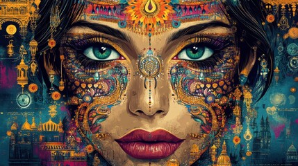 An artistic Indian poster featuring intricate patterns, deep colors, and cultural icons