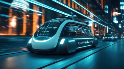 Wall Mural - Futuristic Self-Driving Vehicle Traveling Through a City at Night