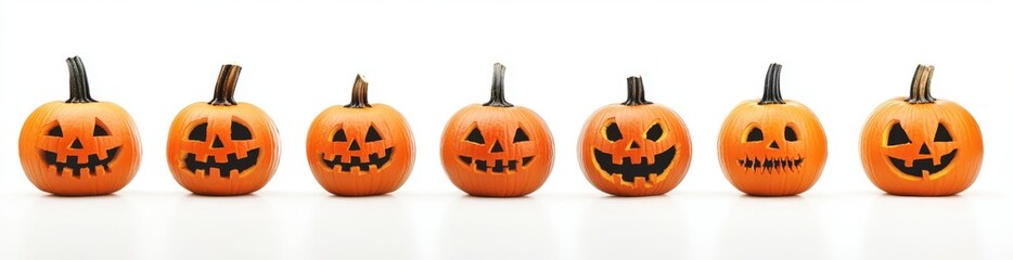 A row of carved Halloween pumpkins, isolated on a white background Generative AI