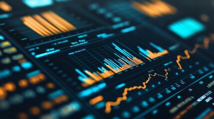 Fototapete - A close-up of a financial dashboard displaying several graphs and charts tracking investments, profits, and growth trends. The image is crisp, data-rich, and business-focused