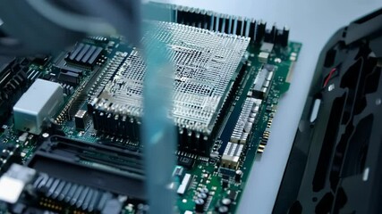 A technician meticulously assembles components on a computer motherboard in a modern tech workshop, demonstrating precision and expertise with each step.