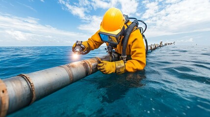 Repairing a submerged pipeline, diver with welding light.