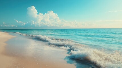 Poster - Sandy Beach with Blue Ocean and White Clouds