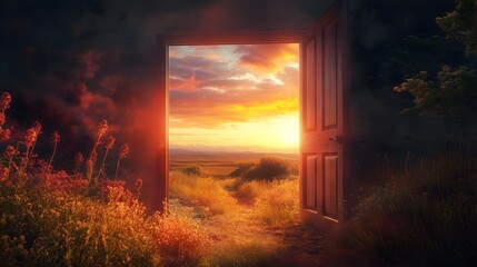 Wall Mural - Open door showcasing a vibrant landscape scene image