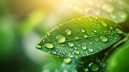 Poster - A close-up of a leaf with dew drops captured in soft morning light, with the droplets reflecting the surrounding environment and adding depth to the image.