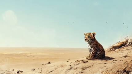 Poster - Leopard Cub Sitting on a Desert Dune