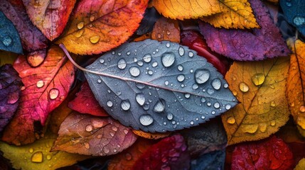 Poster - A close-up of a leaf with dew drops on a colorful autumn background, highlighting the contrast between the fresh droplets and fallen leaves.