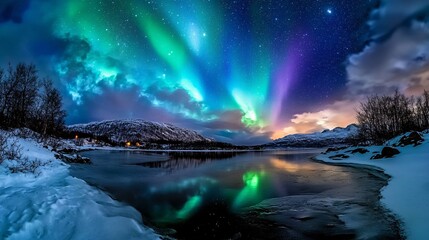 A wintery night sky with northern lights reflecting on snow