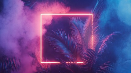 Wall Mural - Neon Glowing Frame with Tropical Palm Leaves and Smoke