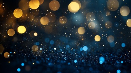 Poster - abstract bokeh background with golden and blue lights shimmering on a dark surface during nighttime