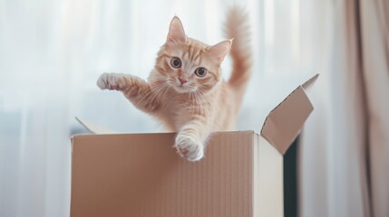 Wall Mural - Cat playing with a cardboard box, jumping in and out, fur flying, playful and joyful environment