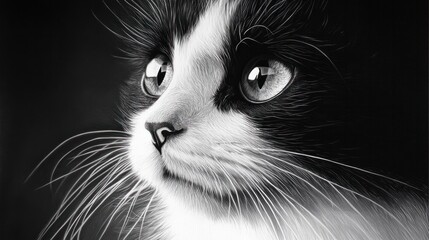 Wall Mural - Cat portrait, black and white cat with intense gaze, sharp details of fur and eyes, contrasting background