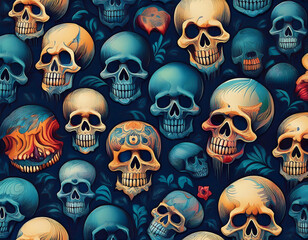 Aufkleber -  Seamless pattern of skulls, set against a dark blue background for a spooky, gothic loo_1(750)