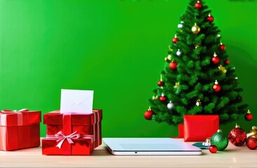 Wall Mural - Close-up. Christmas tree with gifts on a wooden table against a green wall. Christmas background.