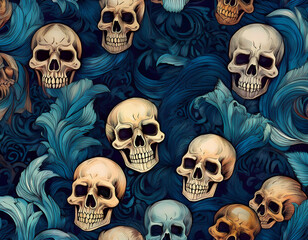 Aufkleber -  Seamless pattern of skulls, set against a dark blue background for a spooky, gothic loo_1(752)