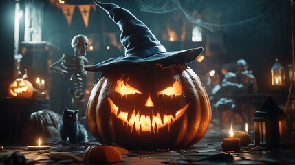 Spooky Halloween Pumpkin with Witch Hat in Haunted Setting