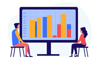 Two professionals analyzing data on a large screen, showcasing colorful bar graphs for effective business presentations.