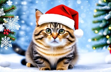 Wall Mural - Kitten in a Christmas hat on a snowy background with a Christmas tree.