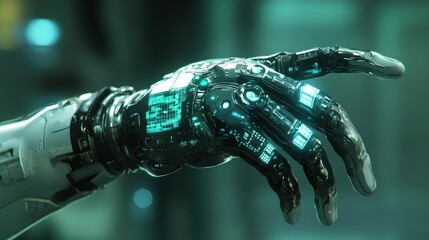 Canvas Print - Close-up of a futuristic robotic hand with glowing blue lights and metallic finish.