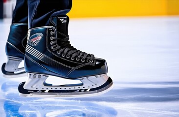 Close-up of a man's legs in skates on ice. Winter active recreation concept