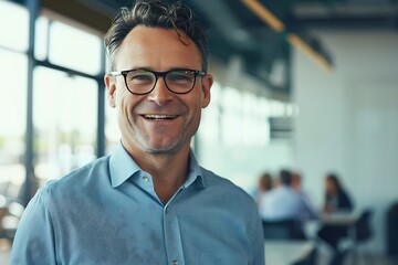 A businessman in casual attire with glasses, smiling at the camera in a modern office environment, with a stylish conference room visible in the background.