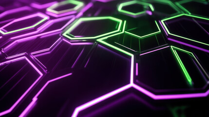 Poster - Abstract geometric pattern illuminated with purple and green lights on a dark background, creating a futuristic design
