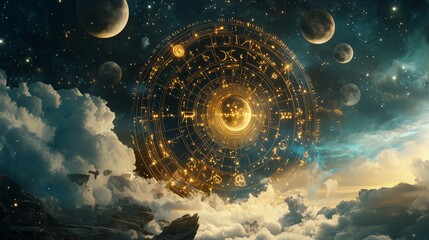 Wall Mural - celestial astrological chart illuminated against a backdrop of stars and planets